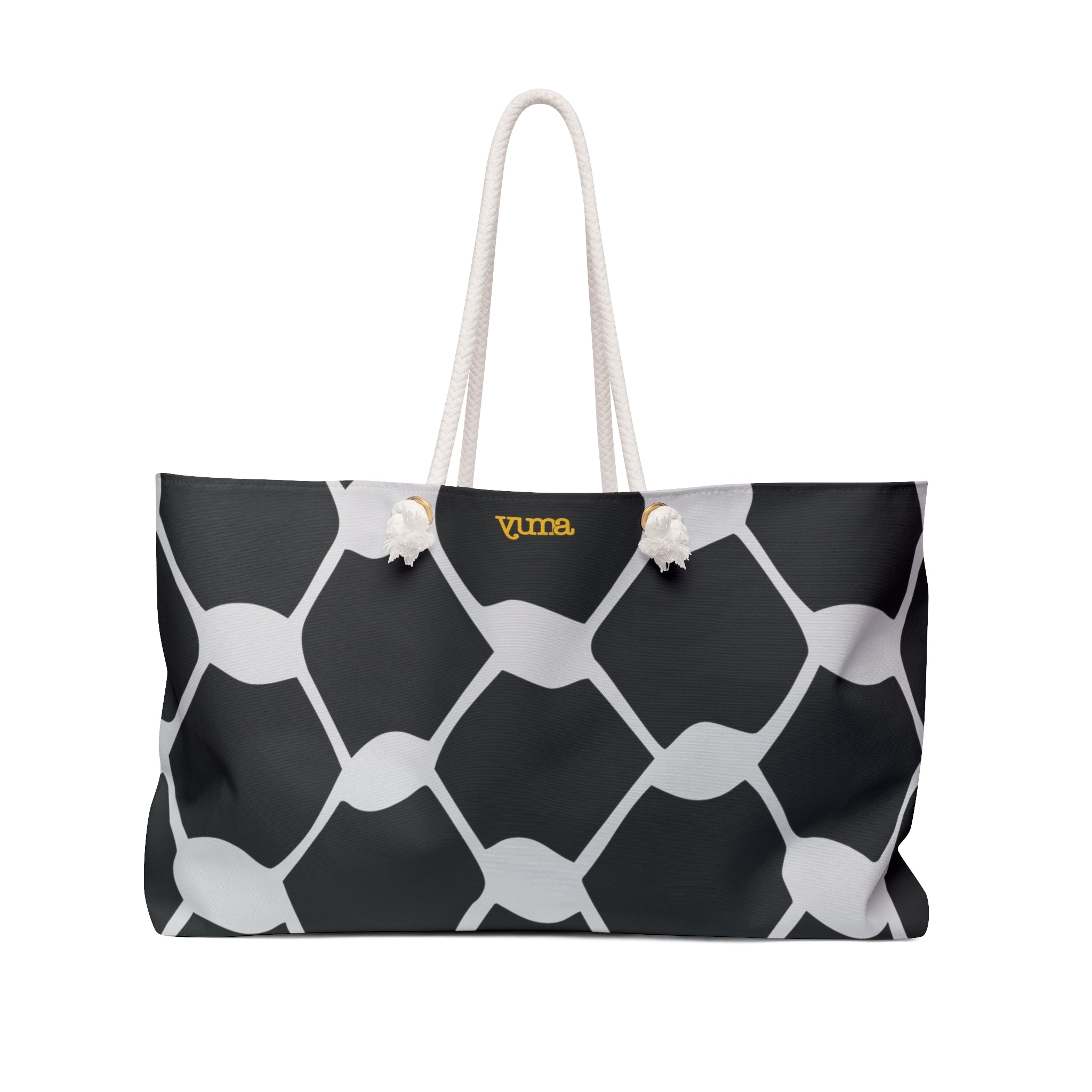 Black keffiyeh pattern tote bag front view — The YUMA Project Palestinian streetwear
