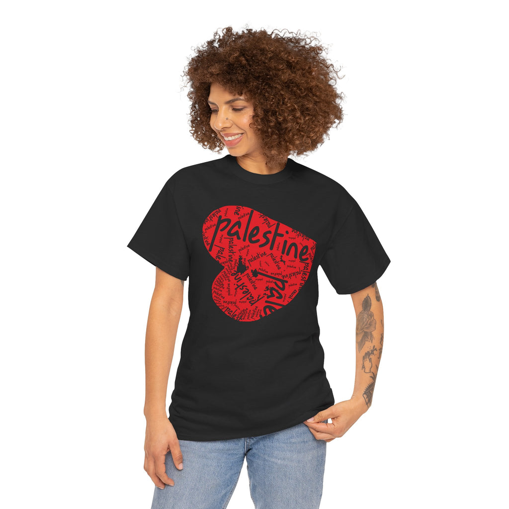 Woman wearing black Palestine Heart Palestinian graphic tee — The YUMA Project