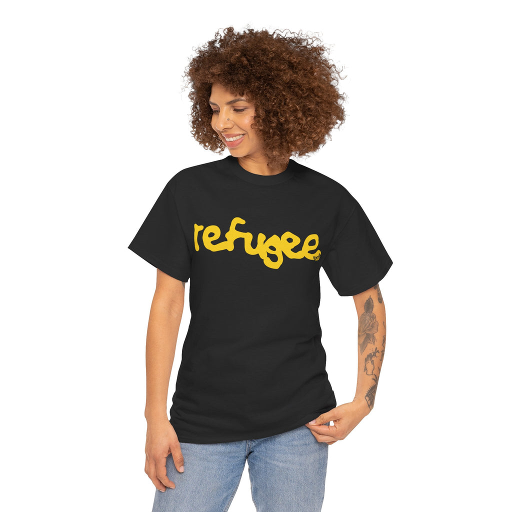 Woman wearing black Refugee Palestinian graphic tee — The YUMA Project