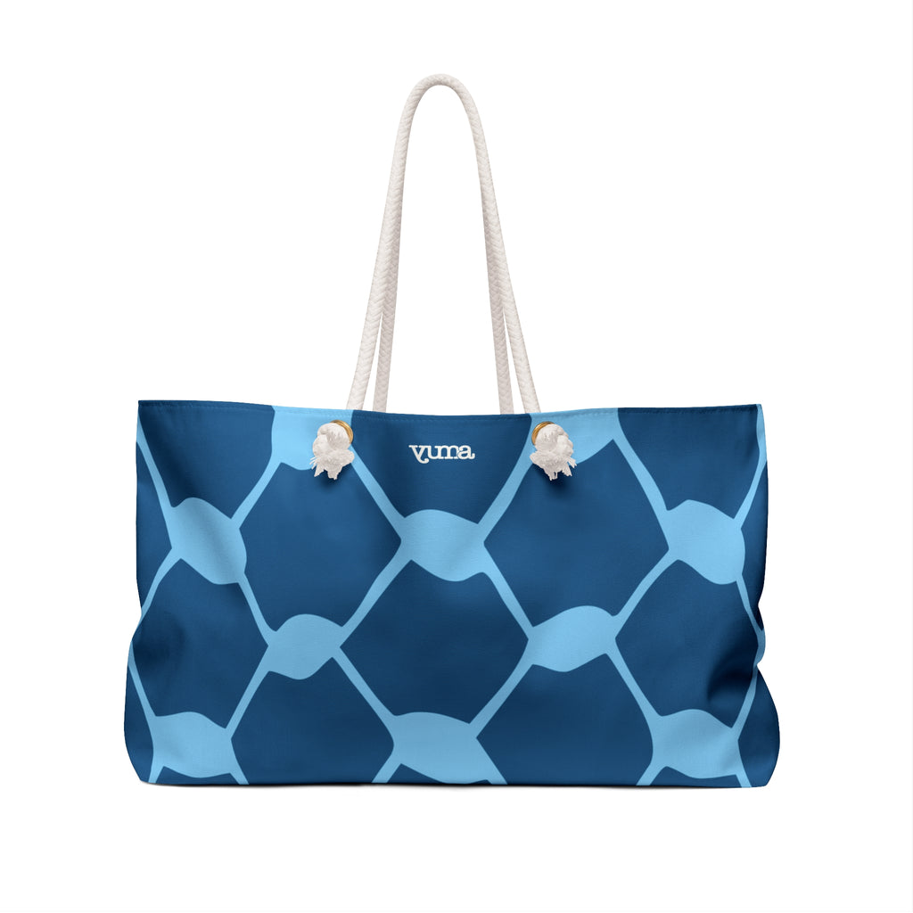 Blue keffiyeh pattern tote bag back view — The YUMA Project