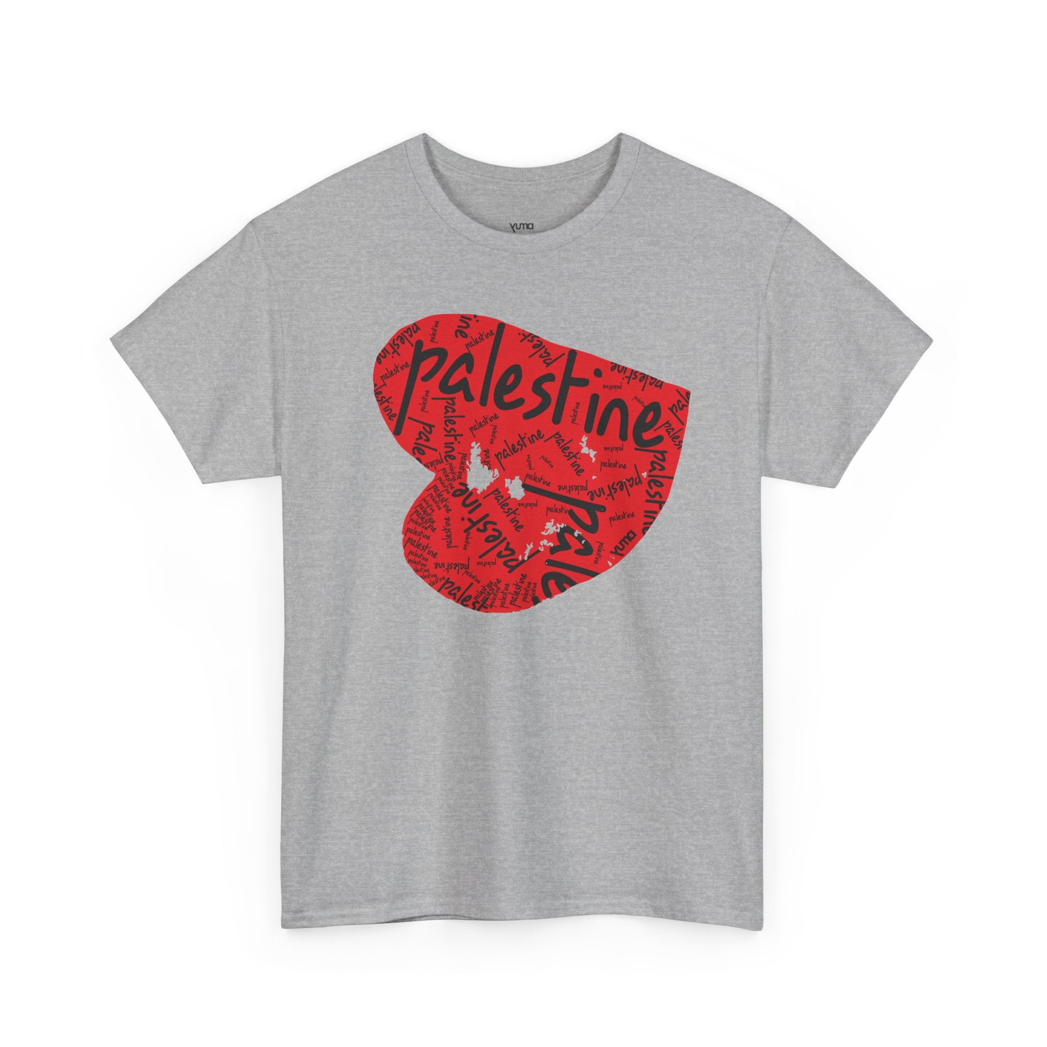 Grey Palestine Heart Palestinian graphic tee front — red heart pattern print — The YUMA Project