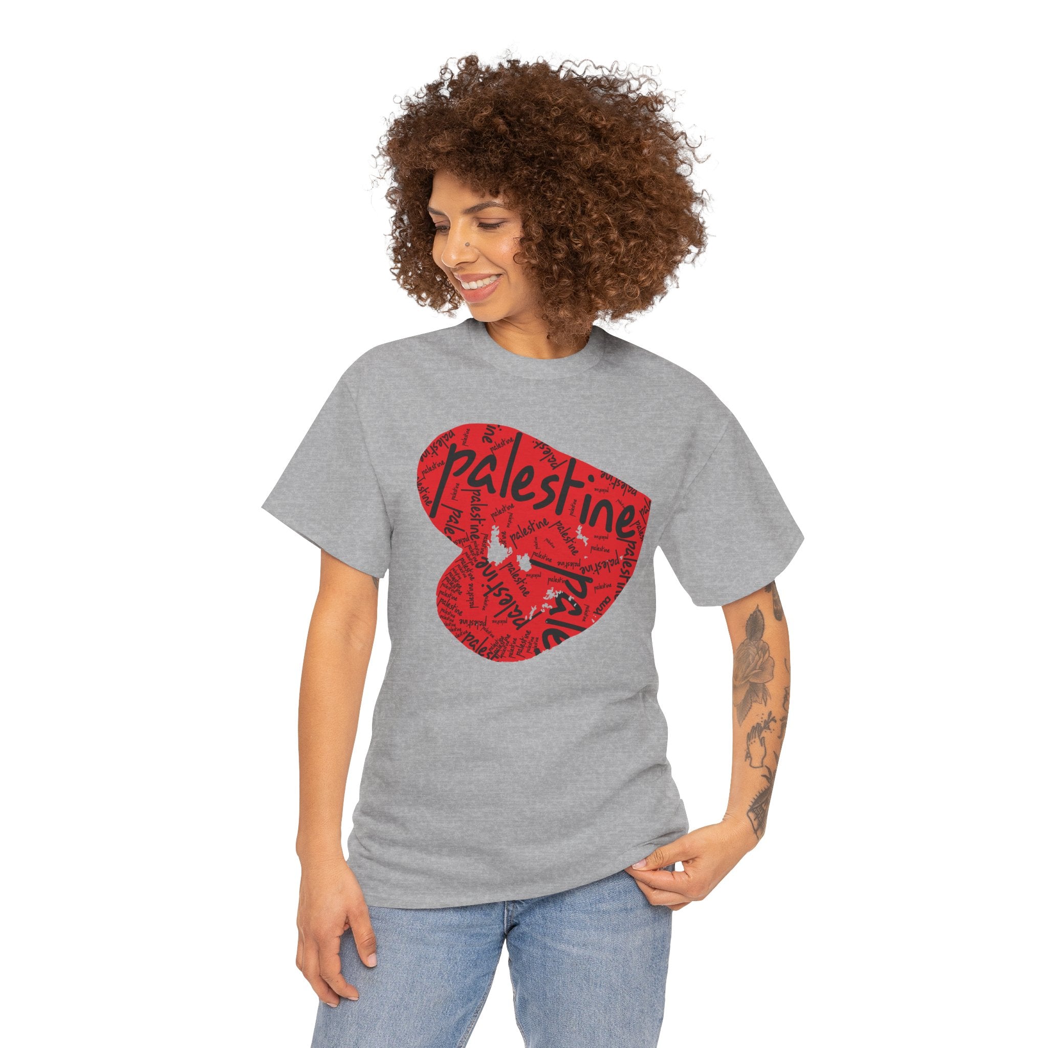 Woman wearing grey Palestine Heart Palestinian graphic tee — The YUMA Project