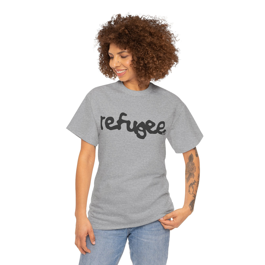 Woman wearing grey Refugee Palestinian graphic tee — The YUMA Project