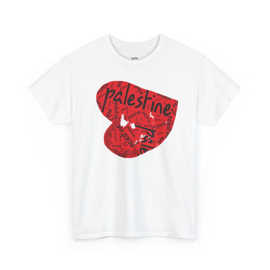 White Palestine Heart Palestinian graphic tee front — red heart pattern print — The YUMA Project