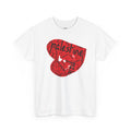 White Palestine Heart Palestinian graphic tee front — red heart pattern print — The YUMA Project