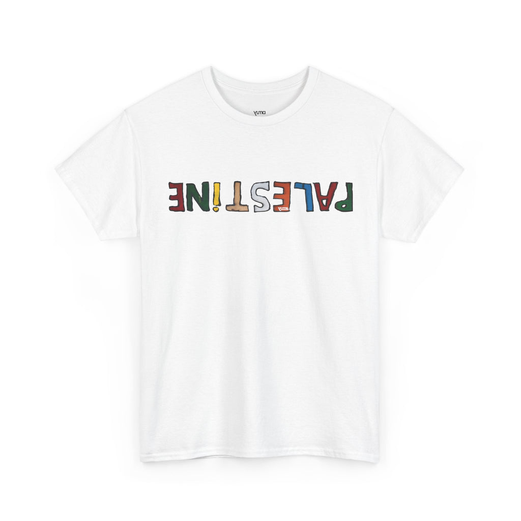 White Palestine Shirt Palestinian graphic tee front — graffiti font print — The YUMA Project