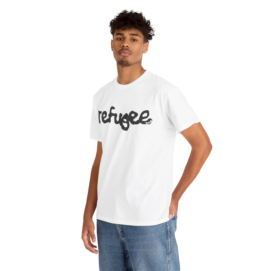 Man wearing white Refugee Palestinian graphic tee — The YUMA Project streetwear