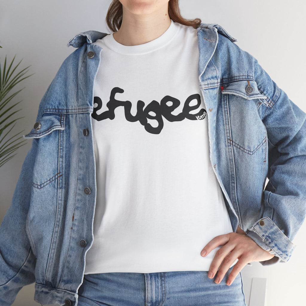 Woman wearing white Refugee tee under jacket — Palestinian clothing — The YUMA Project