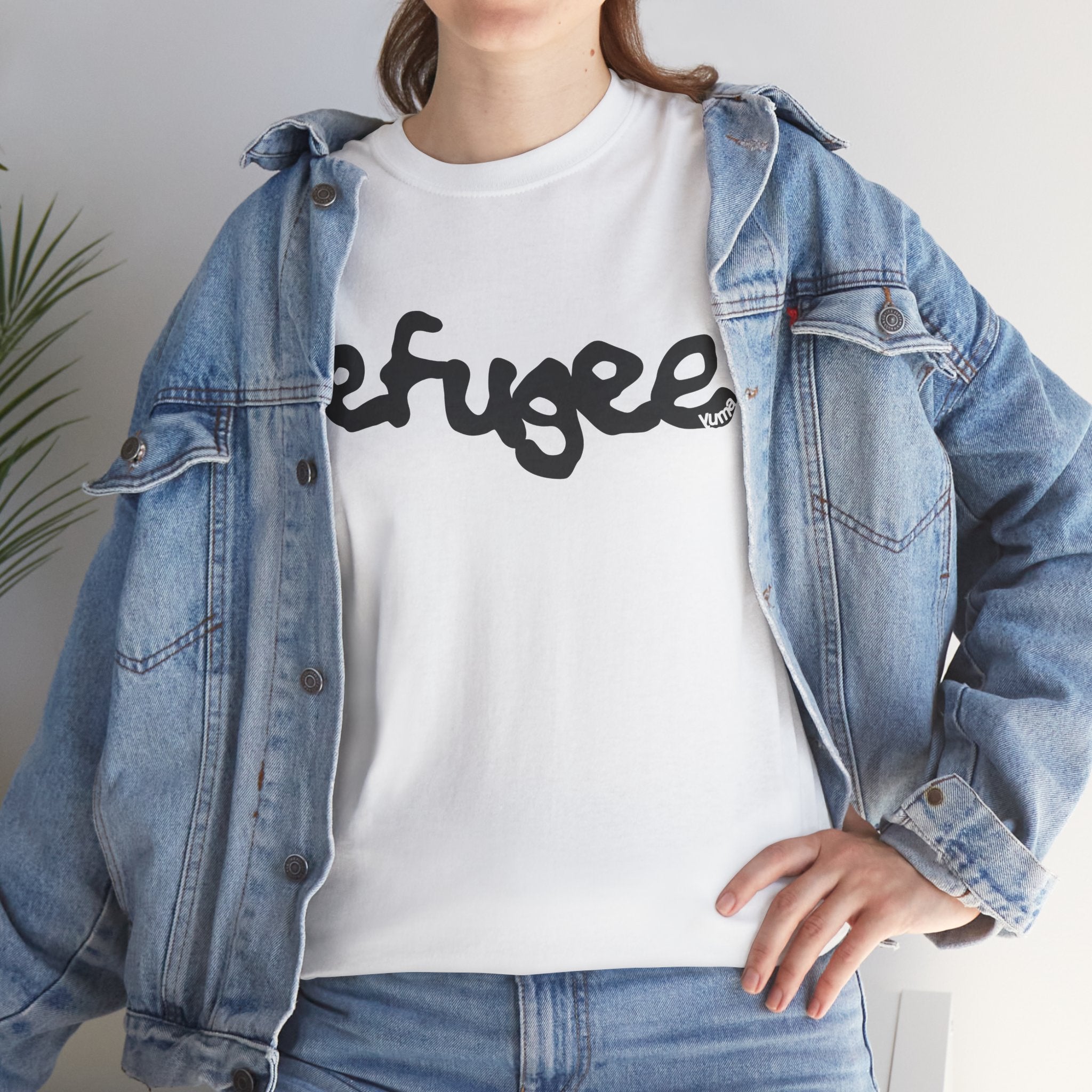 Woman wearing white Refugee tee under jacket — Palestinian clothing — The YUMA Project