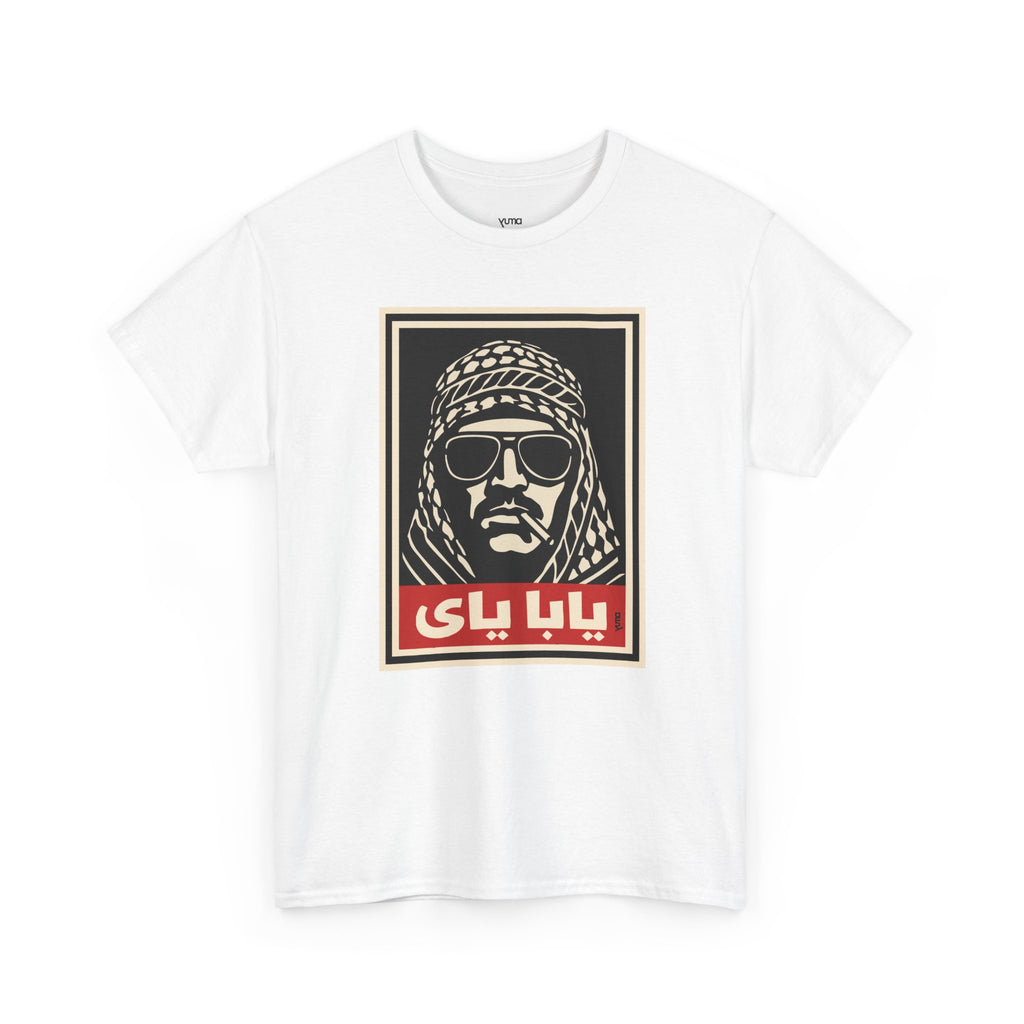 White Yaba Yay Palestinian graphic tee front — keffiyeh stencil print — The YUMA Project