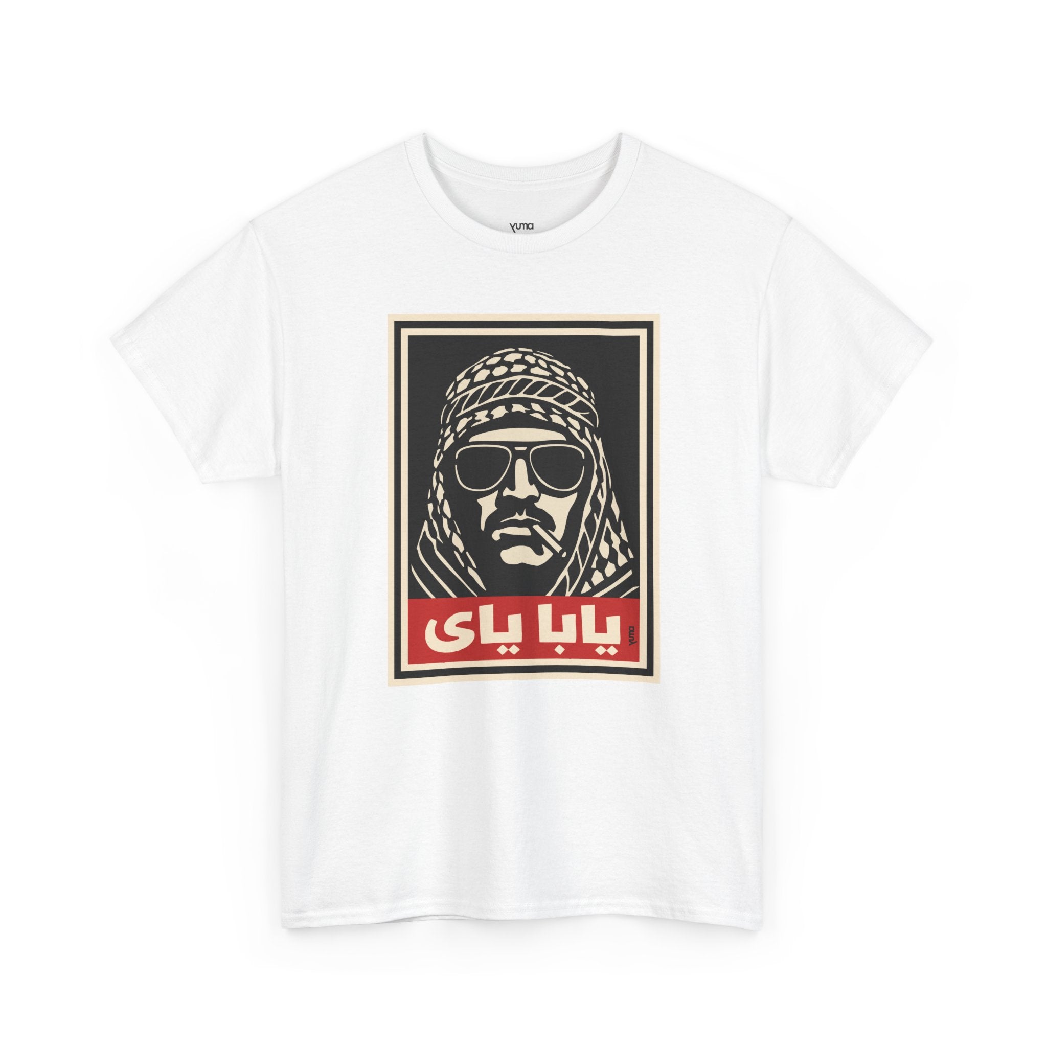 White Yaba Yay Palestinian graphic tee front — keffiyeh stencil print — The YUMA Project